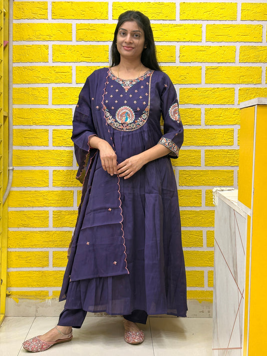 Navy Blue Embroidered Mul Chanderi Kurti Set with Dupatta AAKS0VF5