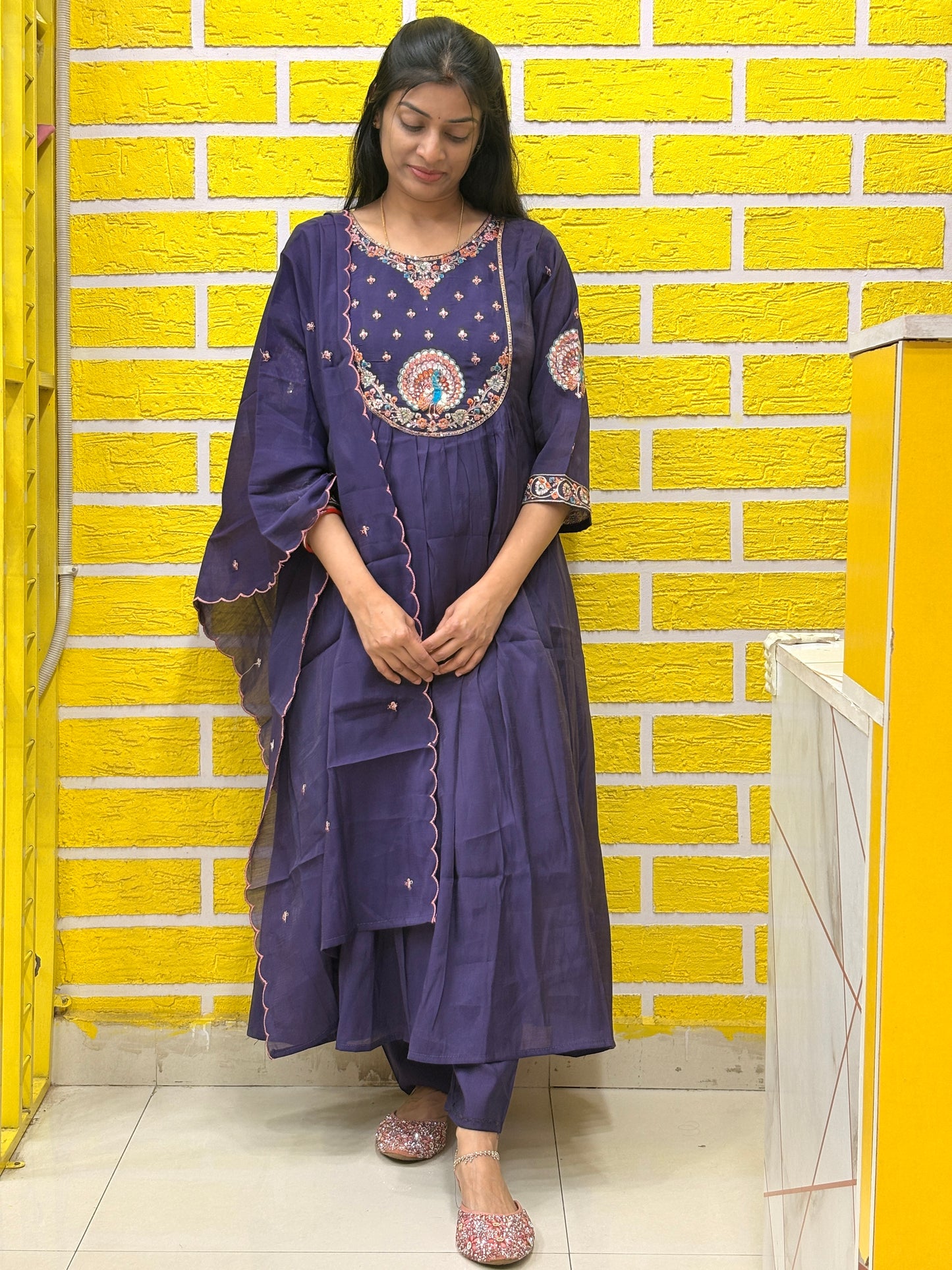 Navy Blue Embroidered Mul Chanderi Kurti Set with Dupatta AAKS0VF5