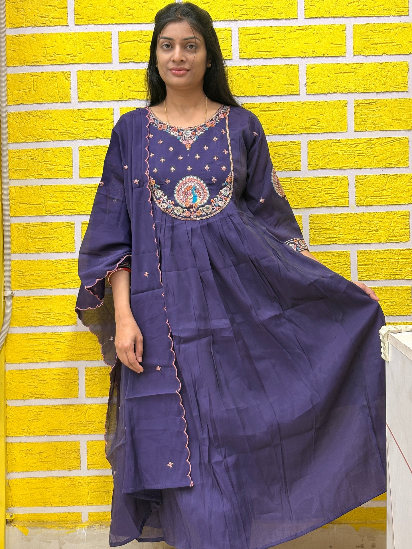 Navy Blue Embroidered Mul Chanderi Kurti Set with Dupatta AAKS0VF5