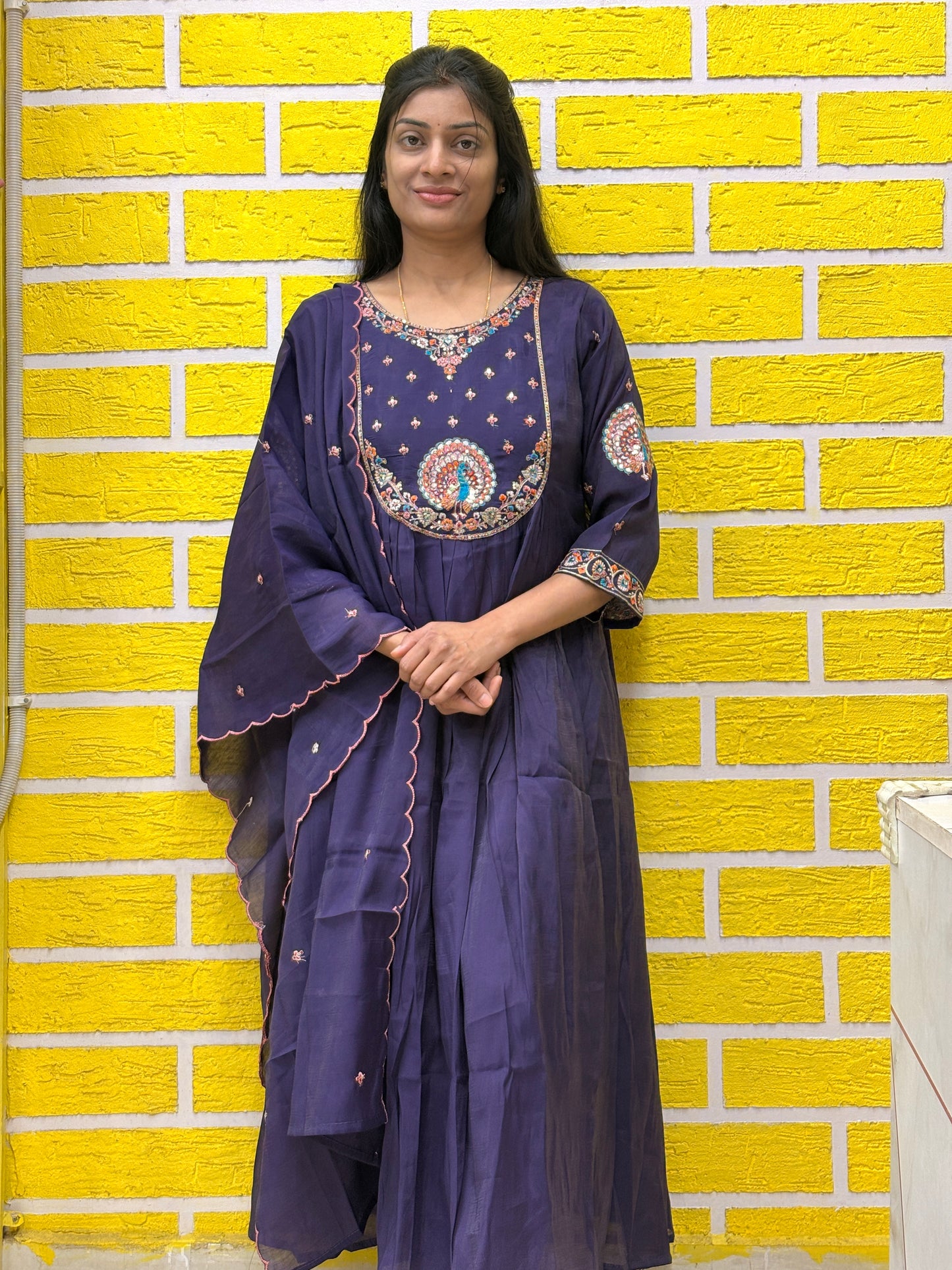 Navy Blue Embroidered Mul Chanderi Kurti Set with Dupatta AAKS0VF5