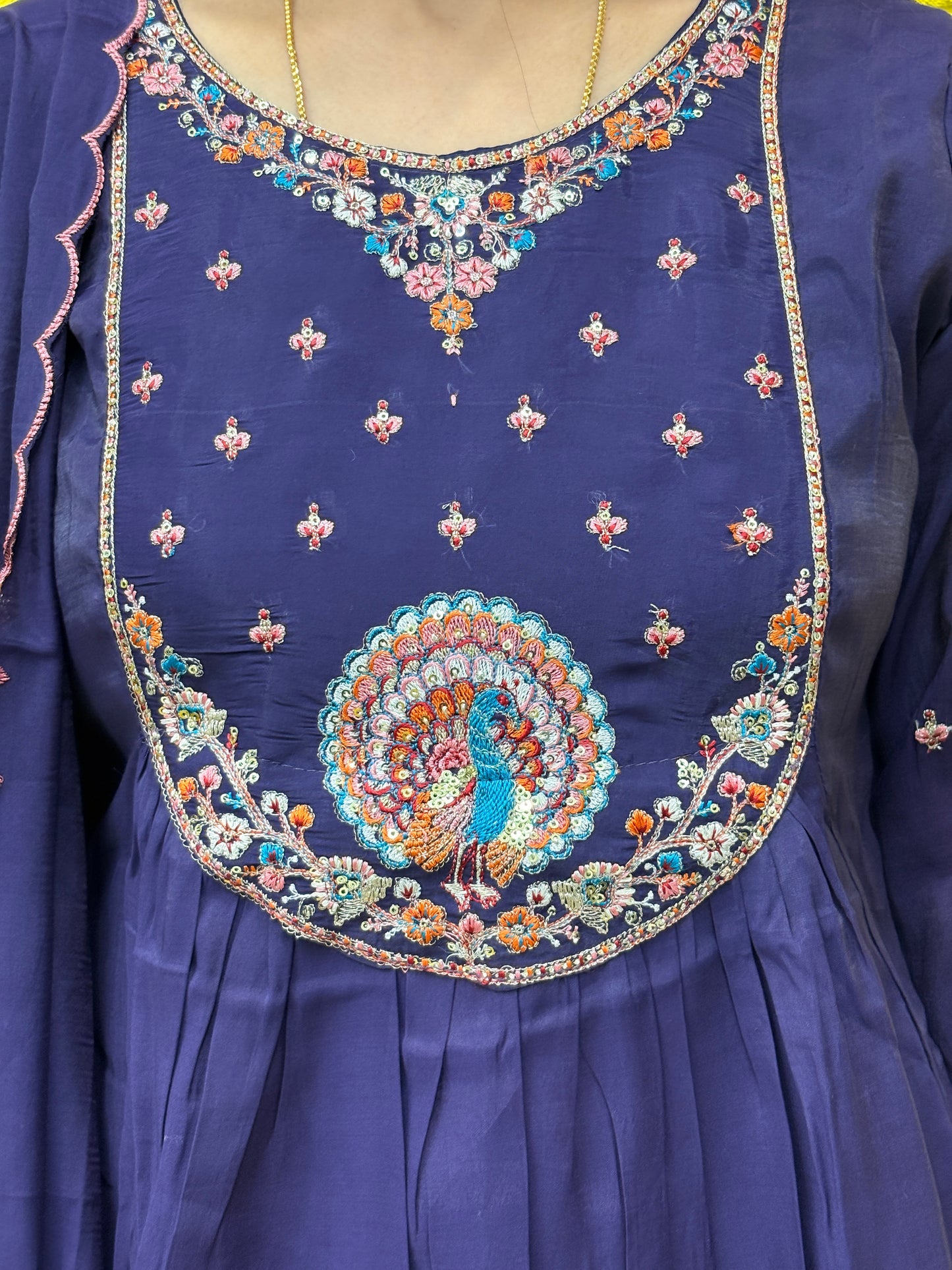 Navy Blue Embroidered Mul Chanderi Kurti Set with Dupatta AAKS0VF5