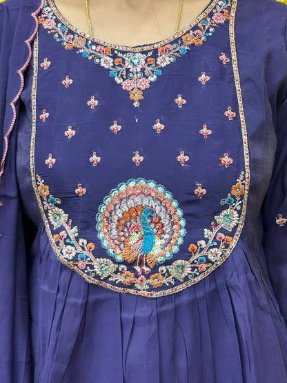 Navy Blue Embroidered Mul Chanderi Kurti Set with Dupatta AAKS0VF5