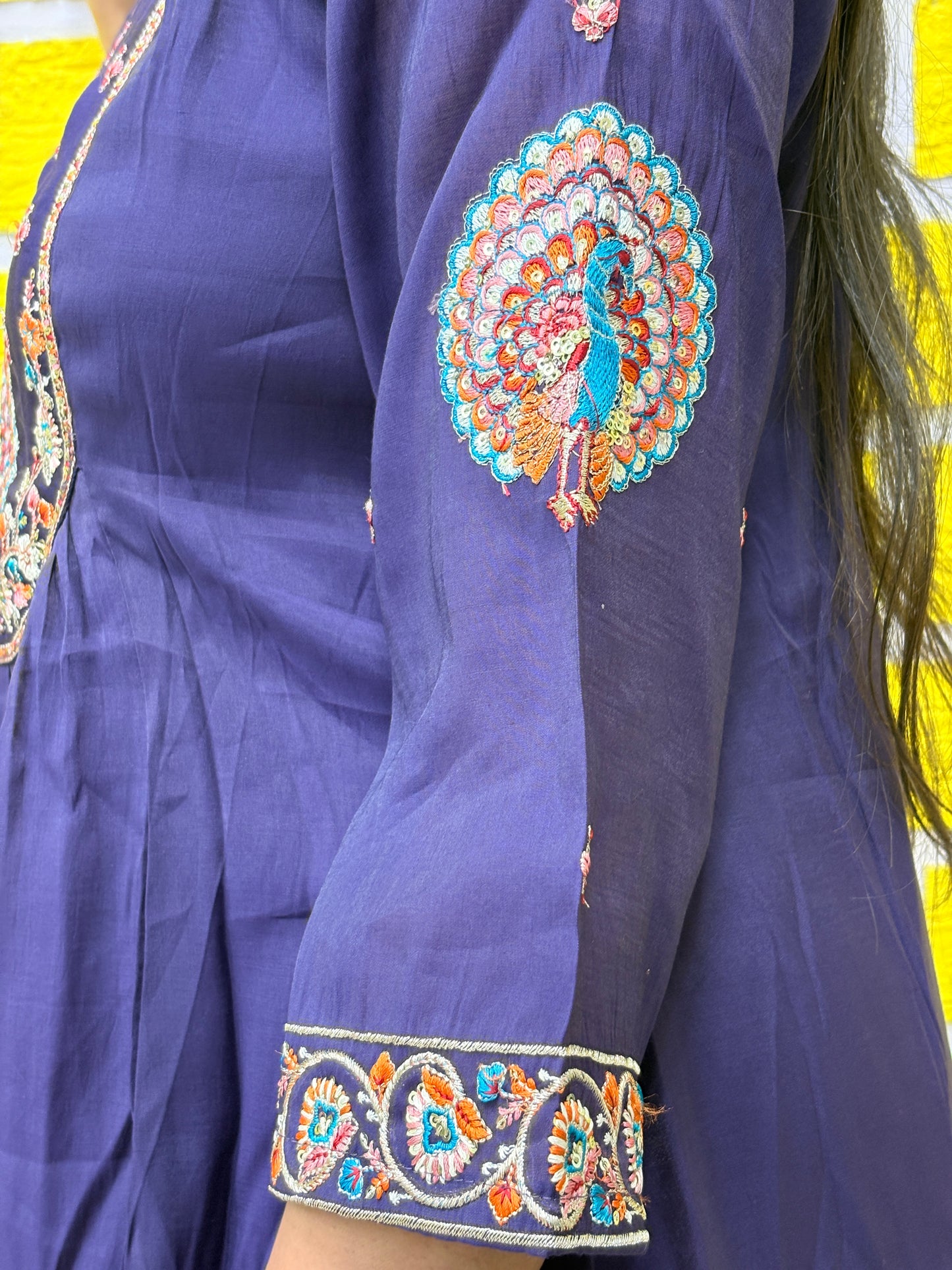 Navy Blue Embroidered Mul Chanderi Kurti Set with Dupatta AAKS0VF5