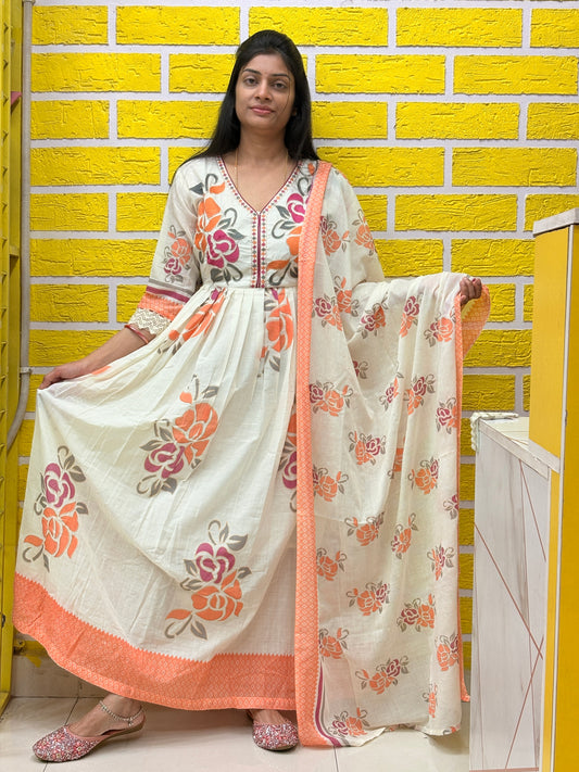 Off-White Floral Printed Cotton Long Frock Set with Dupatta AAKS0VF9