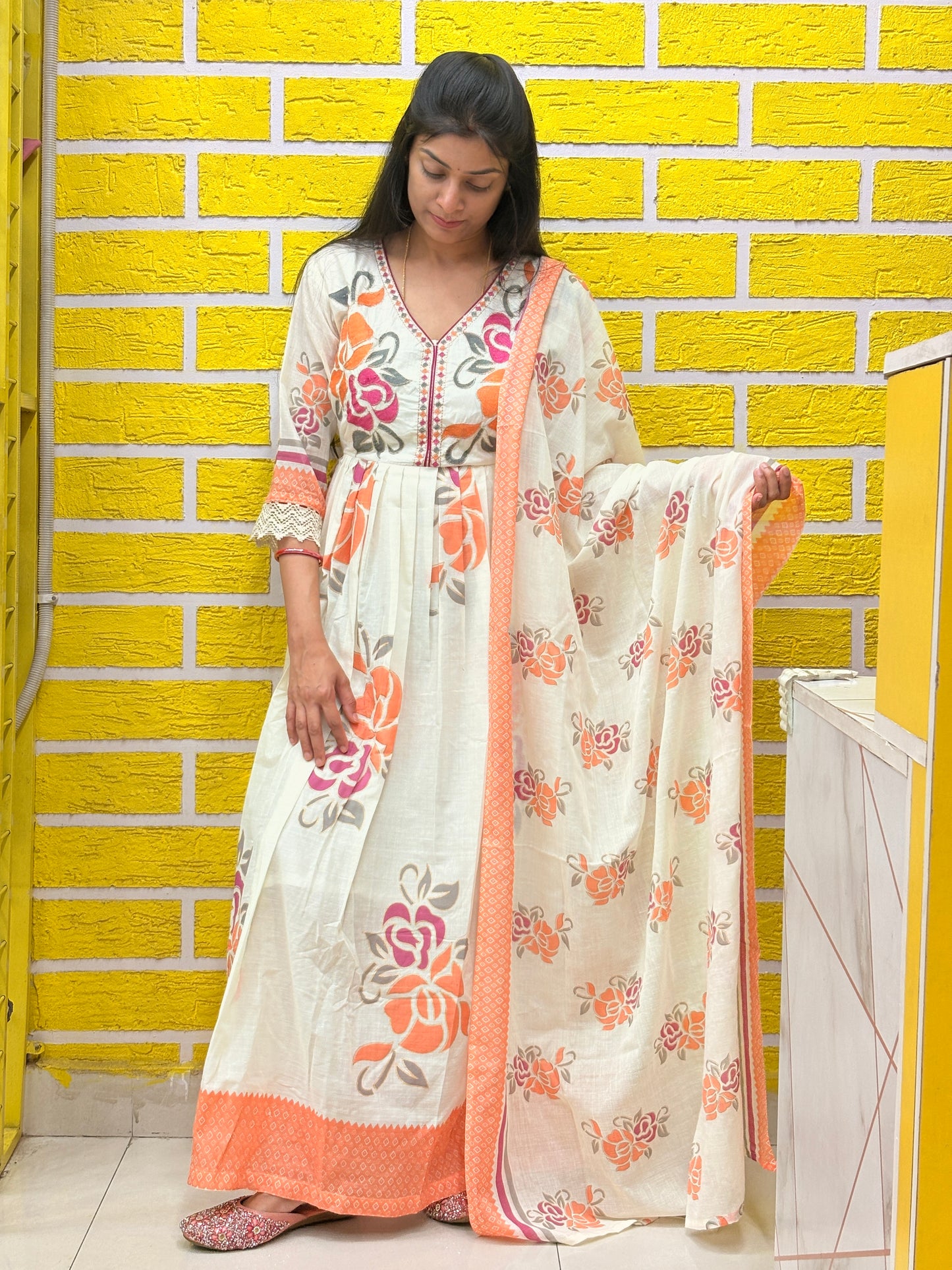 Off-White Floral Printed Cotton Long Frock Set with Dupatta AAKS0VF9