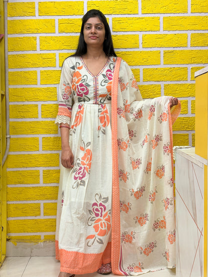 Off-White Floral Printed Cotton Long Frock Set with Dupatta AAKS0VF9