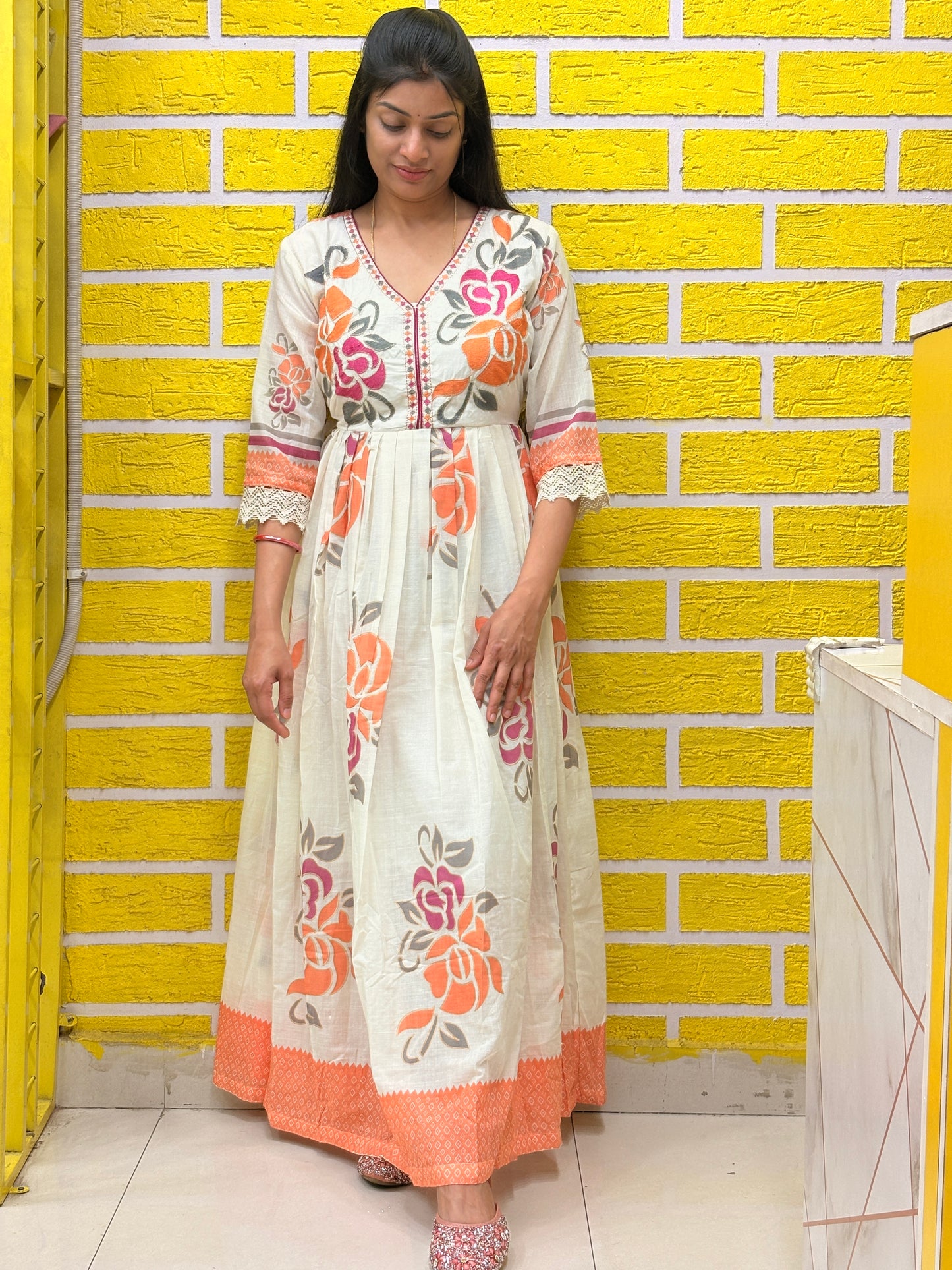 Off-White Floral Printed Cotton Long Frock Set with Dupatta AAKS0VF9