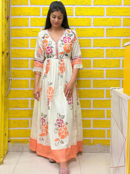 Off-White Floral Printed Cotton Long Frock Set with Dupatta AAKS0VF9