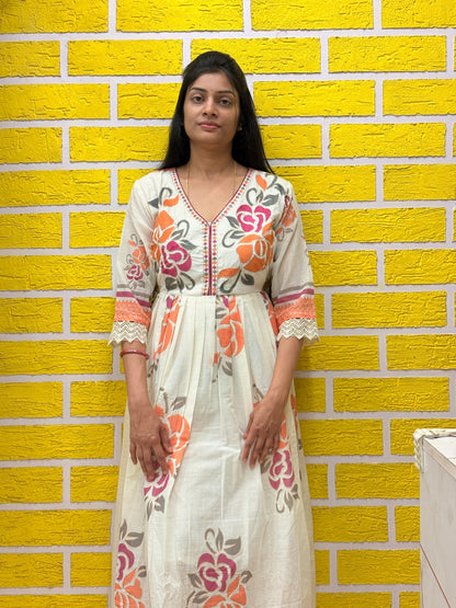 Off-White Floral Printed Cotton Long Frock Set with Dupatta AAKS0VF9