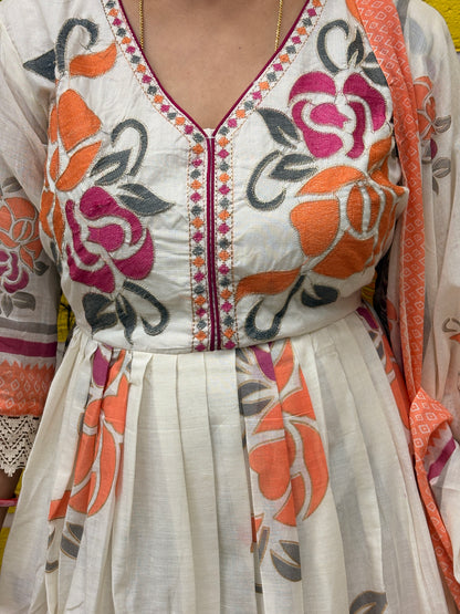 Off-White Floral Printed Cotton Long Frock Set with Dupatta AAKS0VF9