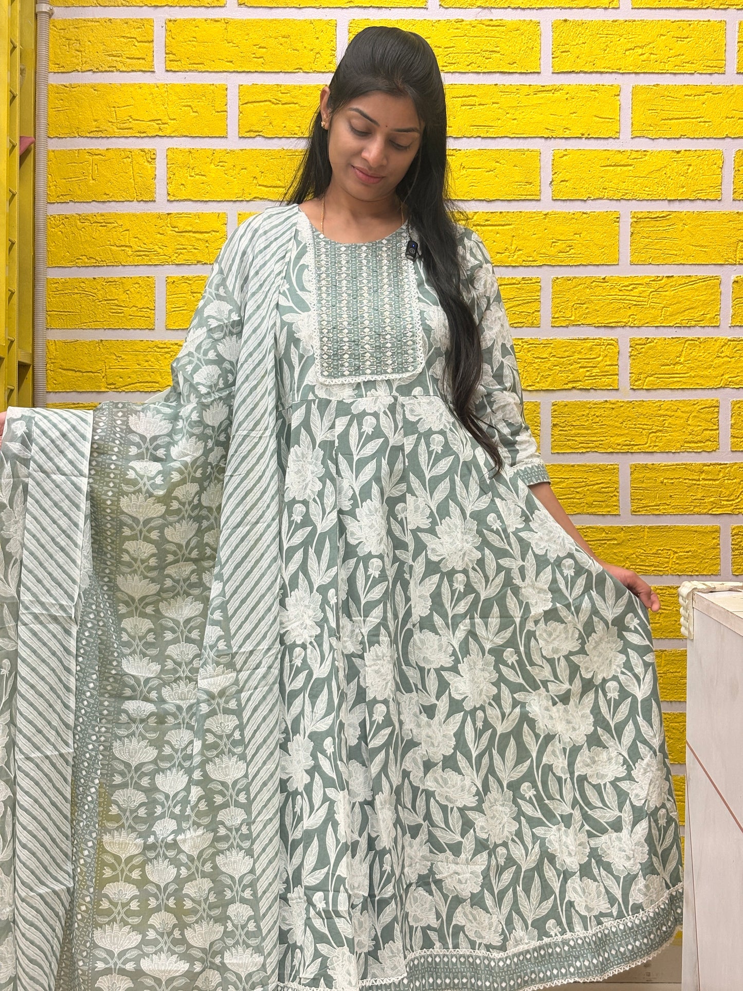 Floral Printed Cotton Anarkali Kurti Set with Dupatta AAKS0VF6