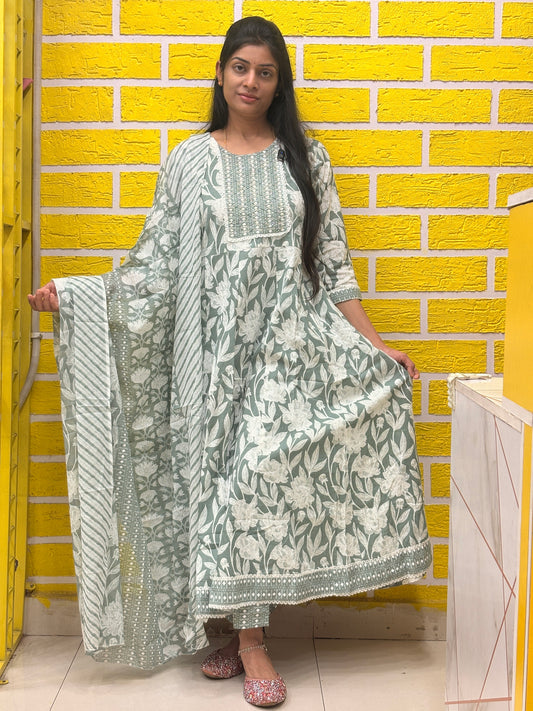 Floral Printed Cotton Anarkali Kurti Set with Dupatta AAKS0VF6