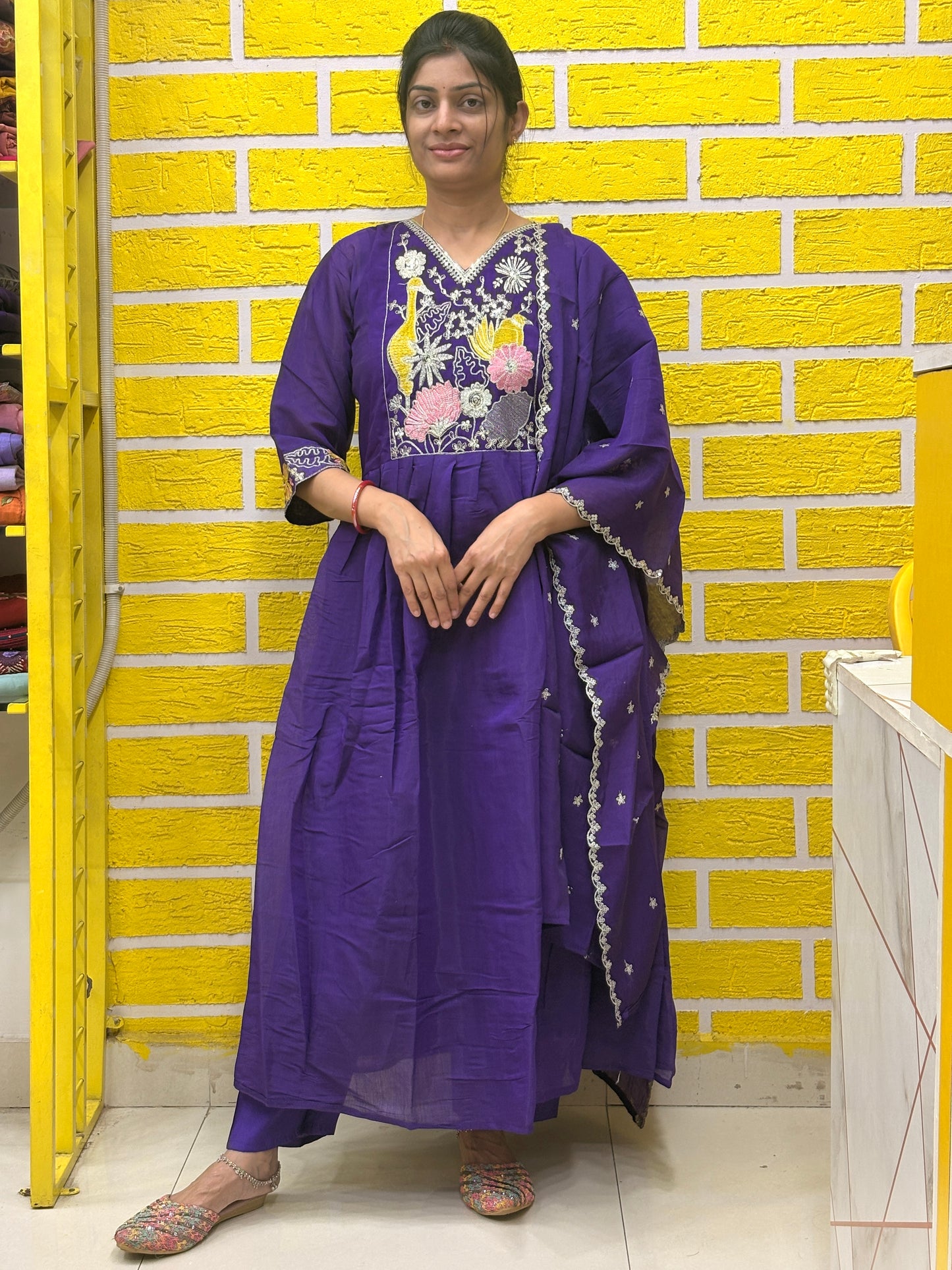 Royal Purple Mul Chanderi Embroidered Anarkali Kurti Set with Dupatta AAKS0VCE5