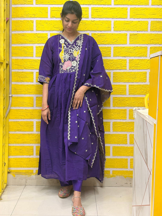 Royal Purple Mul Chanderi Embroidered Anarkali Kurti Set with Dupatta AAKS0VCE5