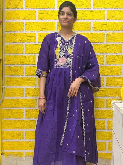 Royal Purple Mul Chanderi Embroidered Anarkali Kurti Set with Dupatta AAKS0VCE5