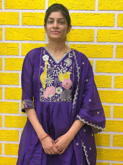 Royal Purple Mul Chanderi Embroidered Anarkali Kurti Set with Dupatta AAKS0VCE5