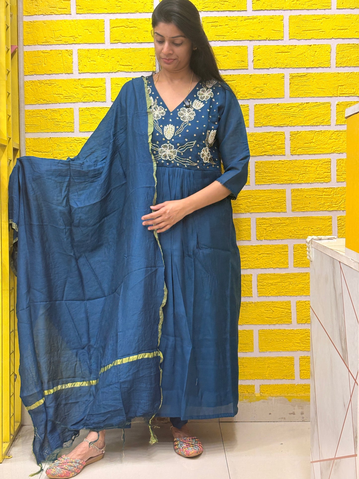 Teal Blue Mul Chanderi Embroidered Anarkali Kurti Set with Dupatta AAKS0UN12