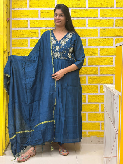 Teal Blue Mul Chanderi Embroidered Anarkali Kurti Set with Dupatta AAKS0UN12