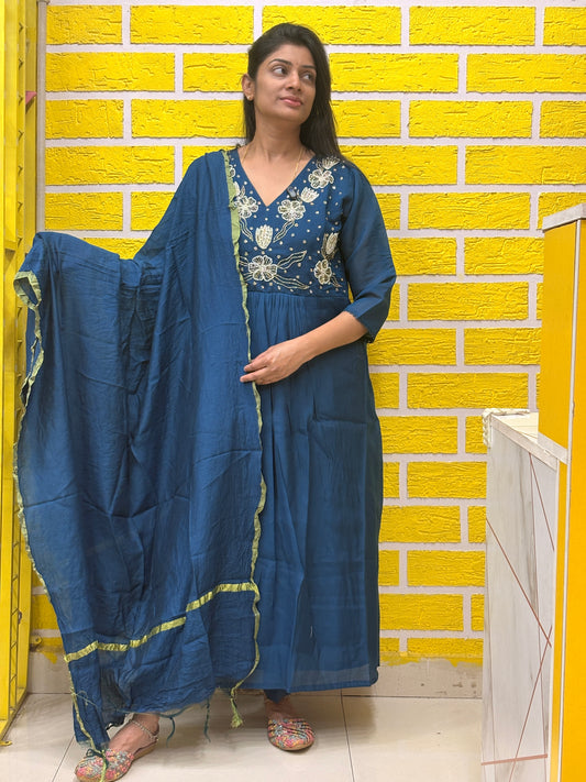 Teal Blue Mul Chanderi Embroidered Anarkali Kurti Set with Dupatta AAKS0UN12