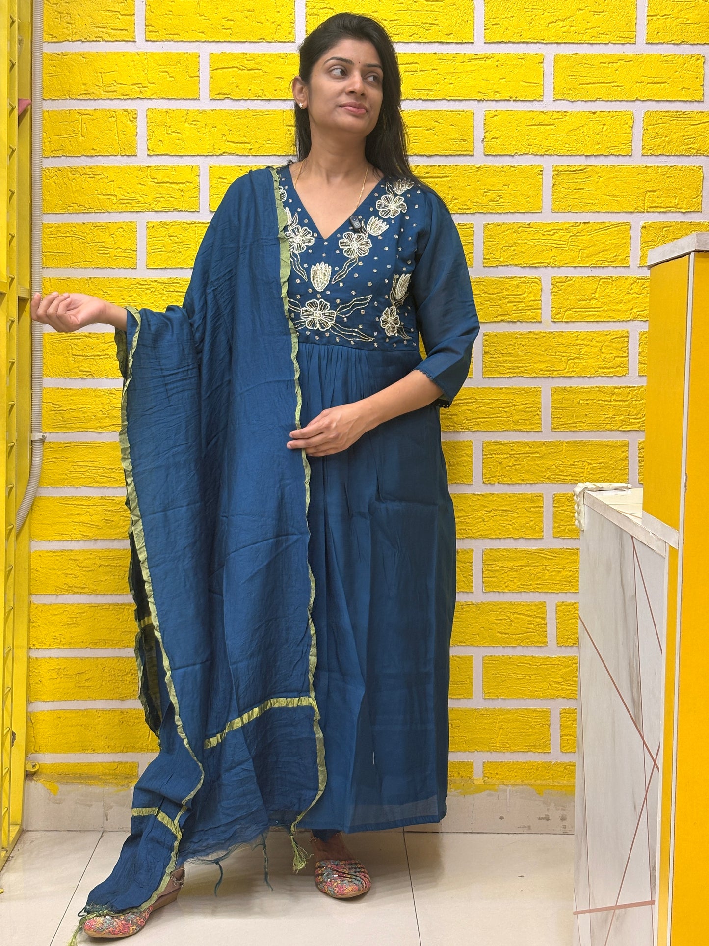 Teal Blue Mul Chanderi Embroidered Anarkali Kurti Set with Dupatta AAKS0UN12