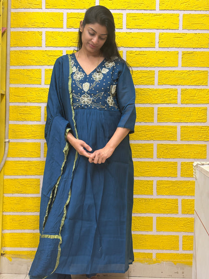 Teal Blue Mul Chanderi Embroidered Anarkali Kurti Set with Dupatta AAKS0UN12