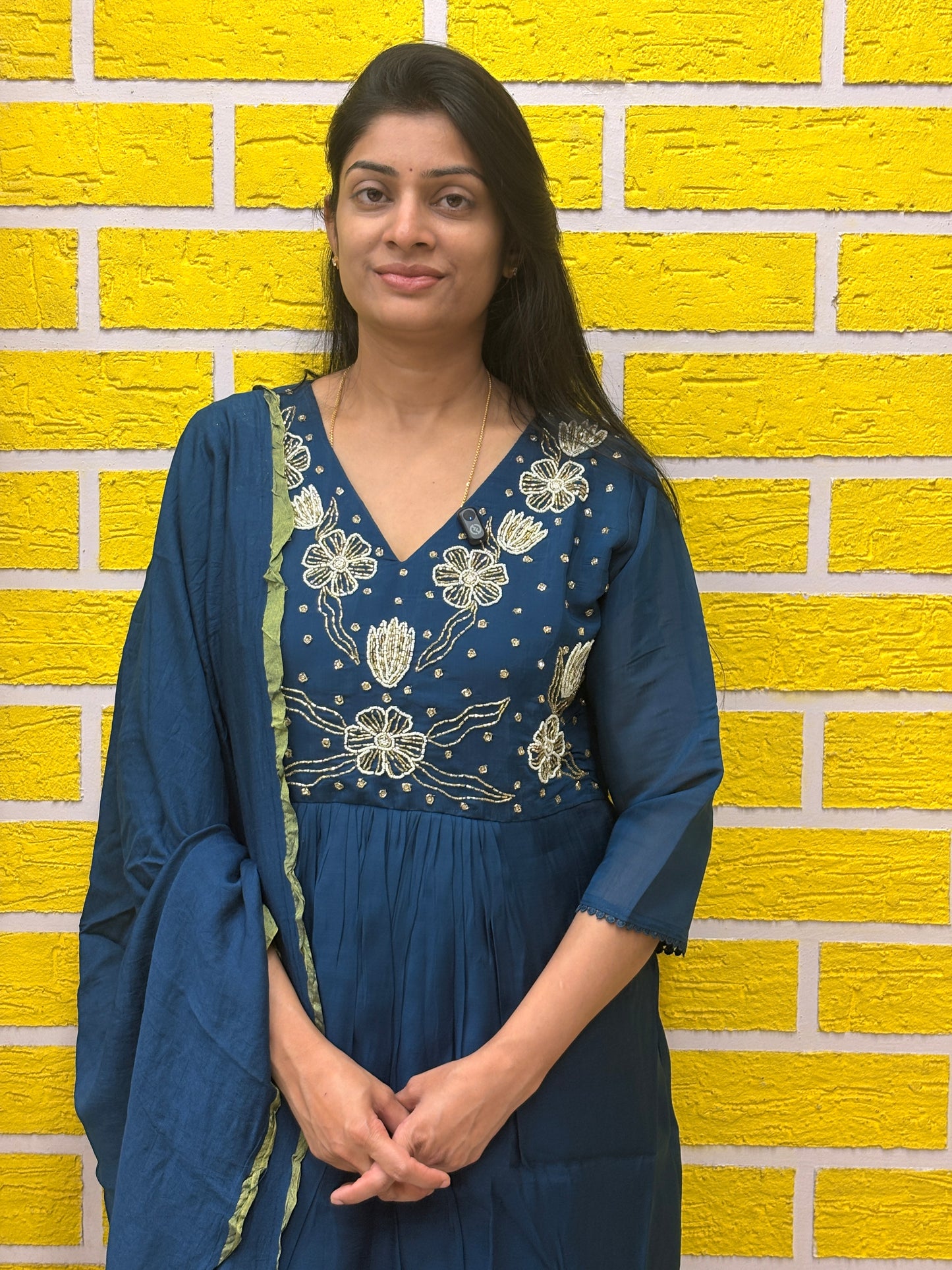 Teal Blue Mul Chanderi Embroidered Anarkali Kurti Set with Dupatta AAKS0UN12