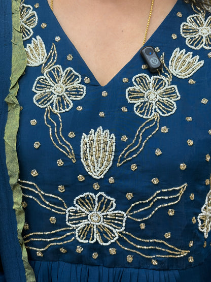 Teal Blue Mul Chanderi Embroidered Anarkali Kurti Set with Dupatta AAKS0UN12