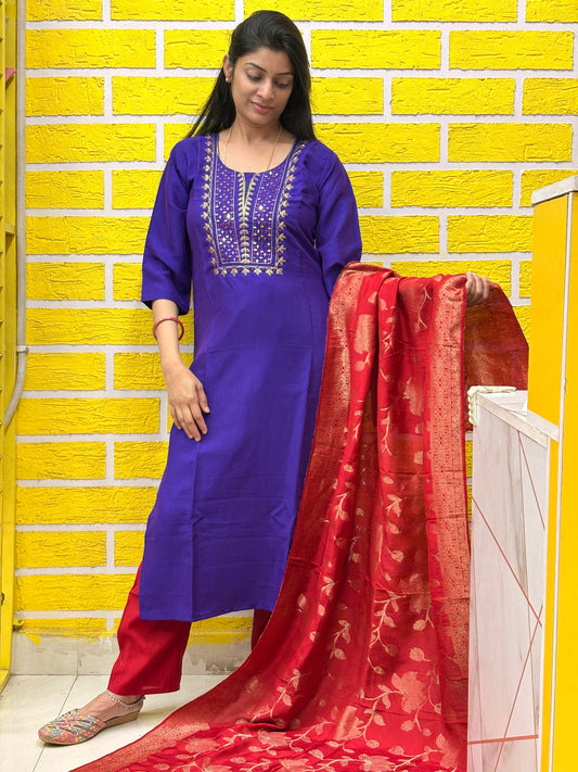 Royal Purple Roman Silk Straight Kurti Set with Banaras Dupatta AAKS0VCC12