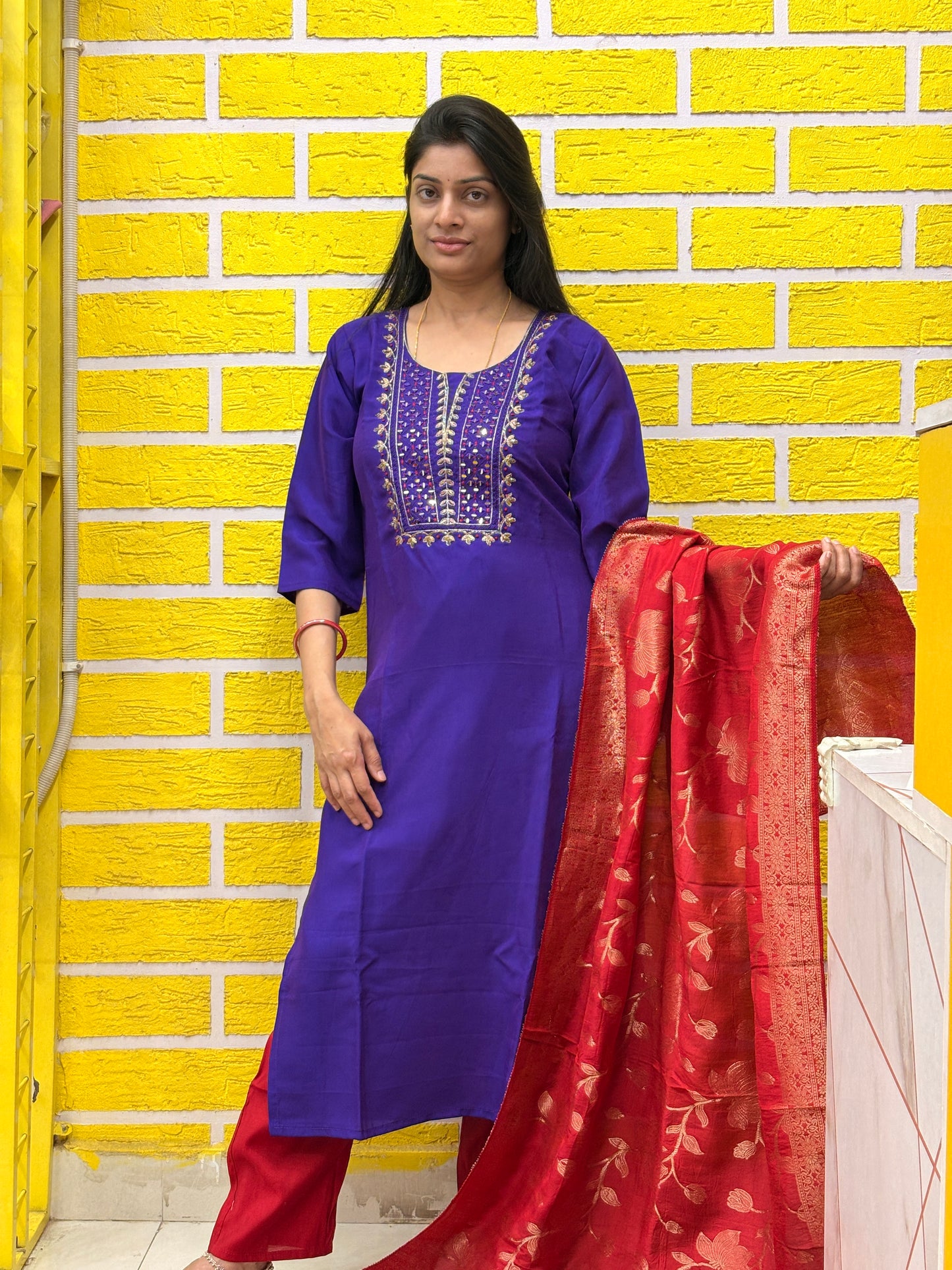 Royal Purple Roman Silk Straight Kurti Set with Banaras Dupatta AAKS0VCC12