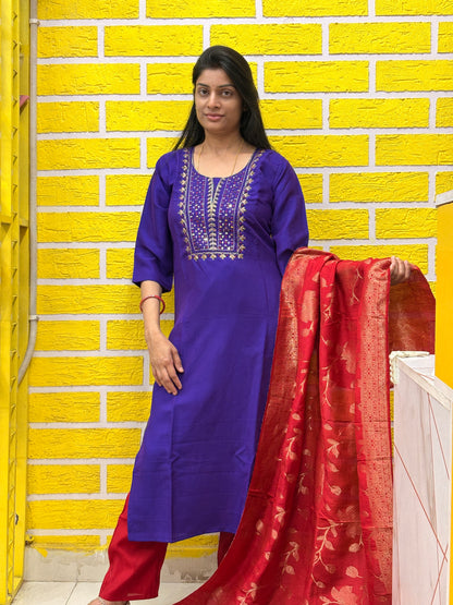 Royal Purple Roman Silk Straight Kurti Set with Banaras Dupatta AAKS0VCC12
