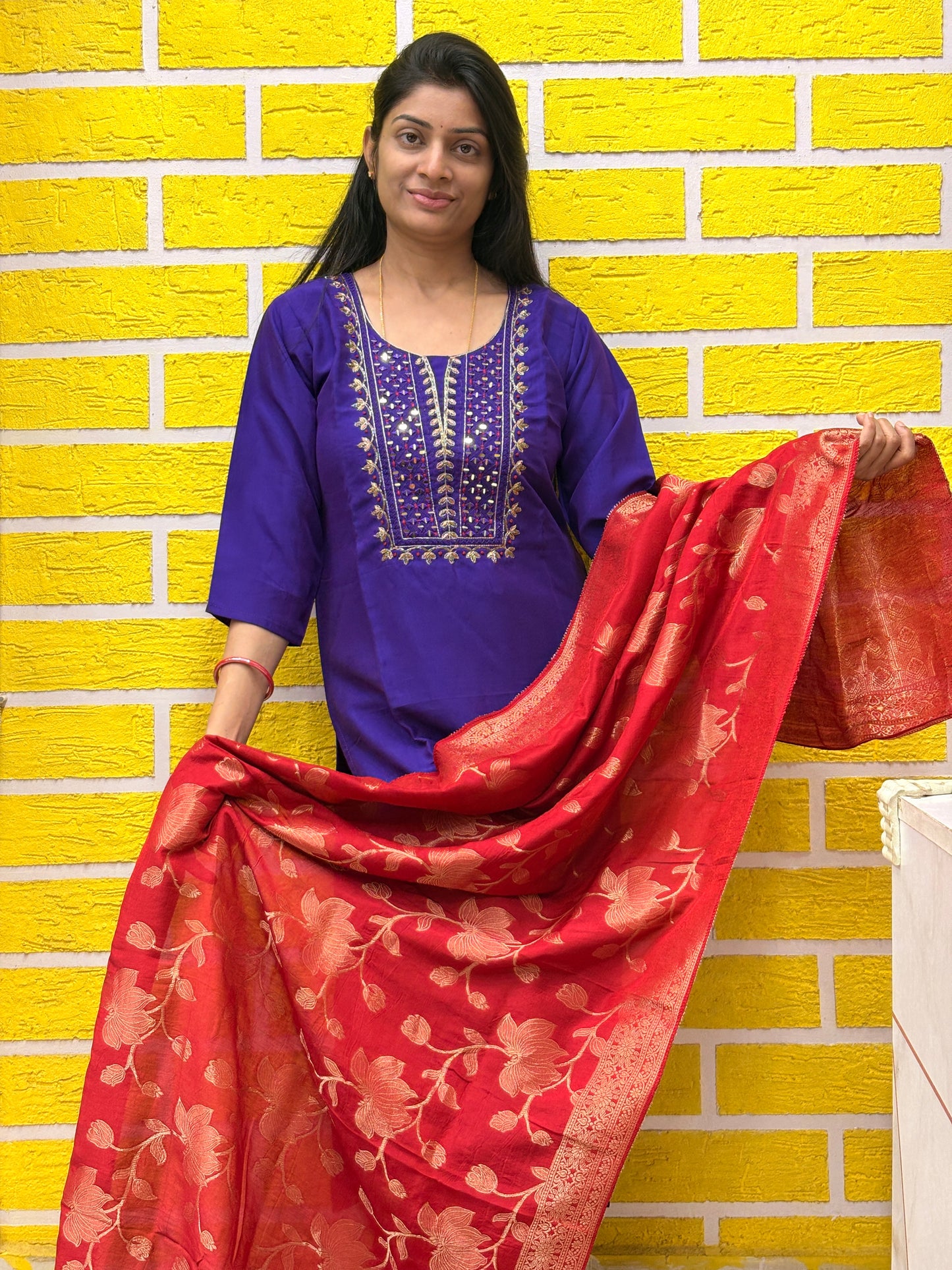 Royal Purple Roman Silk Straight Kurti Set with Banaras Dupatta AAKS0VCC12