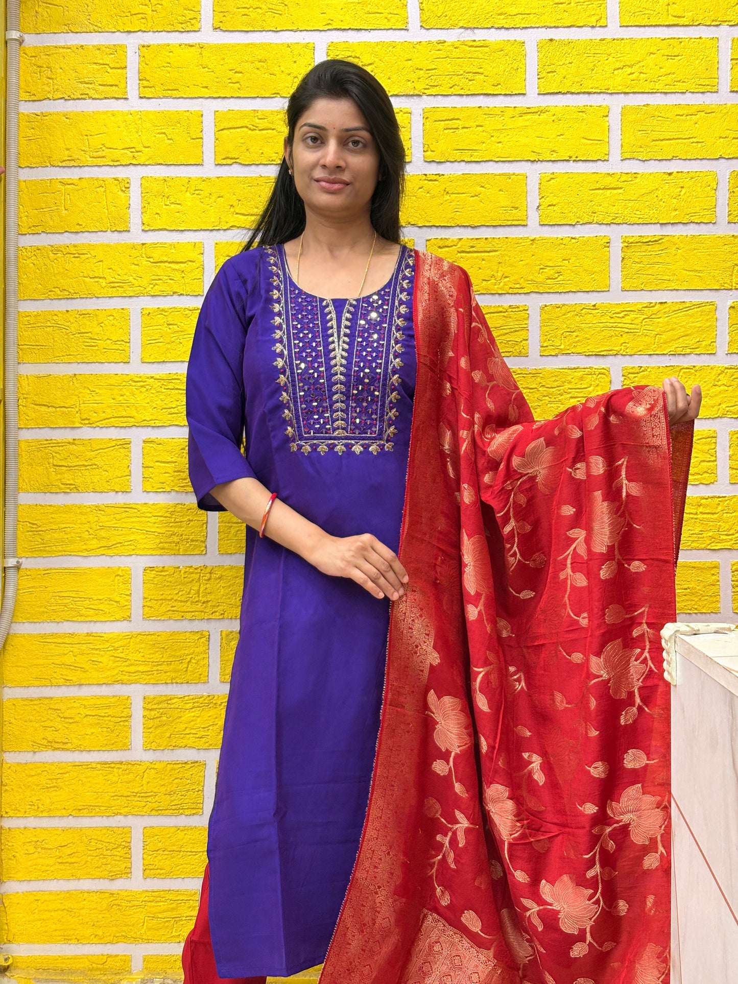 Royal Purple Roman Silk Straight Kurti Set with Banaras Dupatta AAKS0VCC12