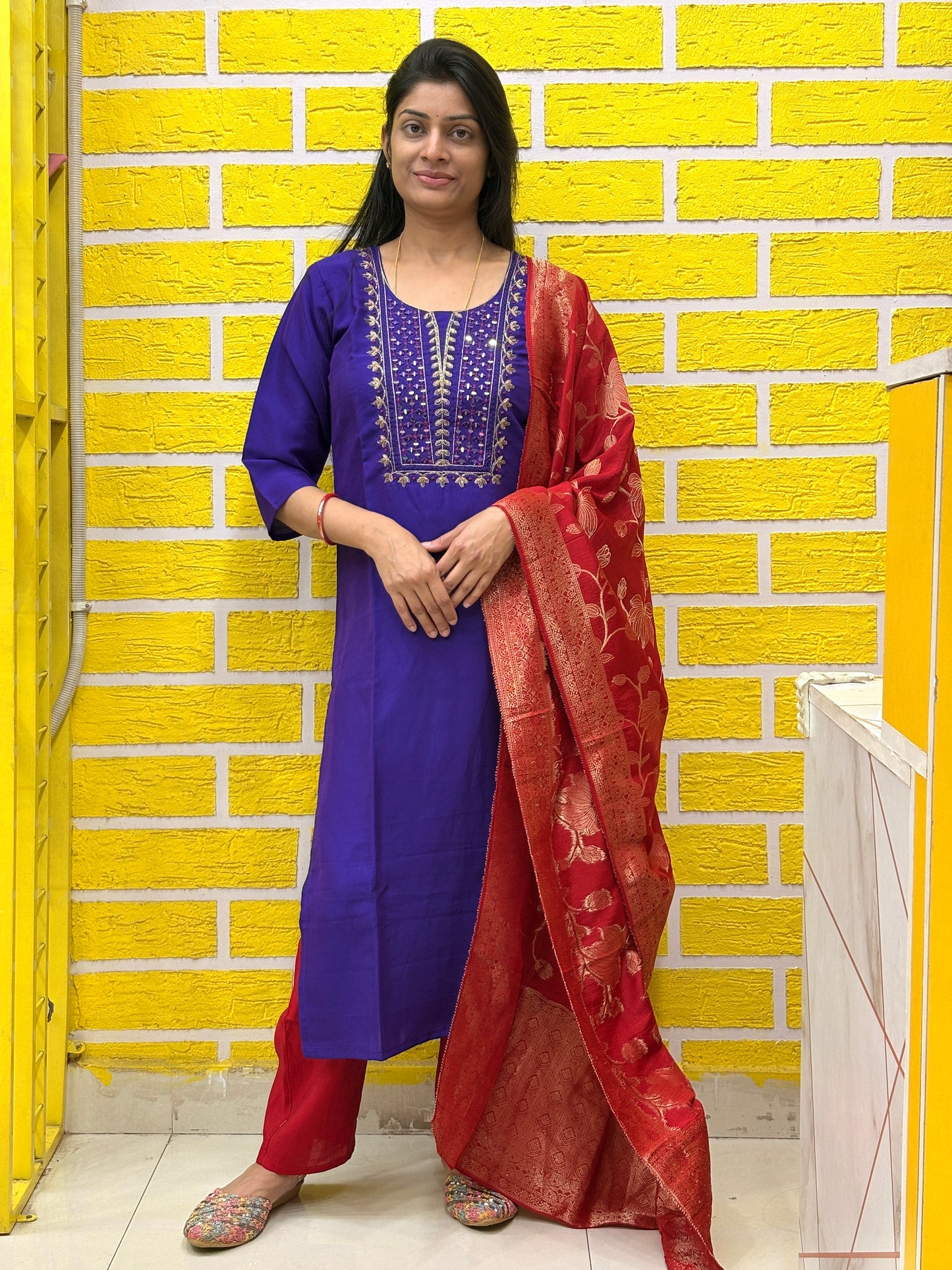 Royal Purple Roman Silk Straight Kurti Set with Banaras Dupatta AAKS0VCC12