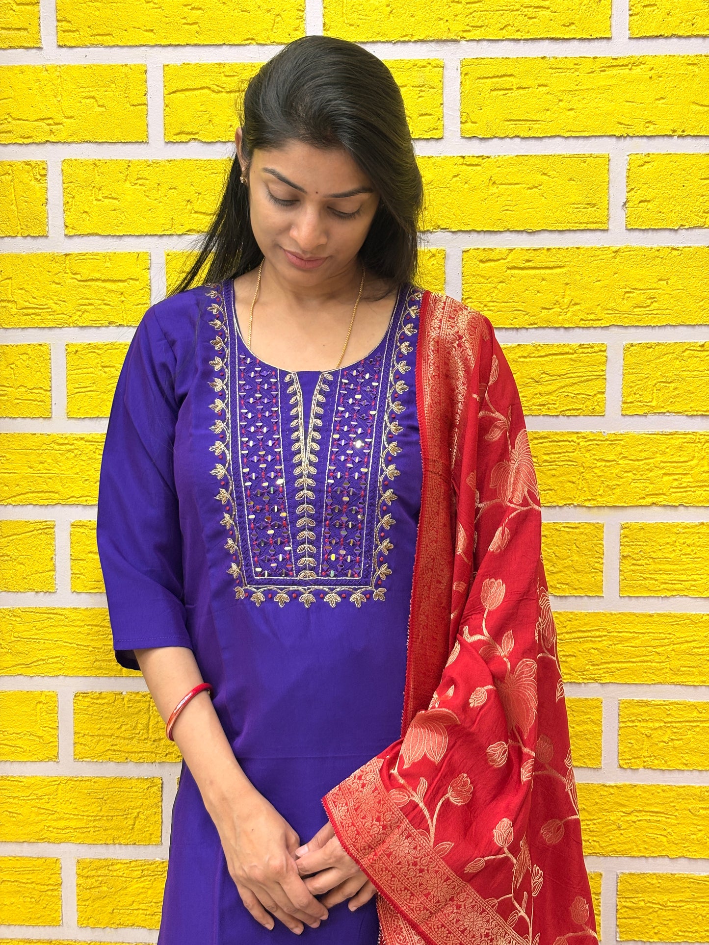 Royal Purple Roman Silk Straight Kurti Set with Banaras Dupatta AAKS0VCC12