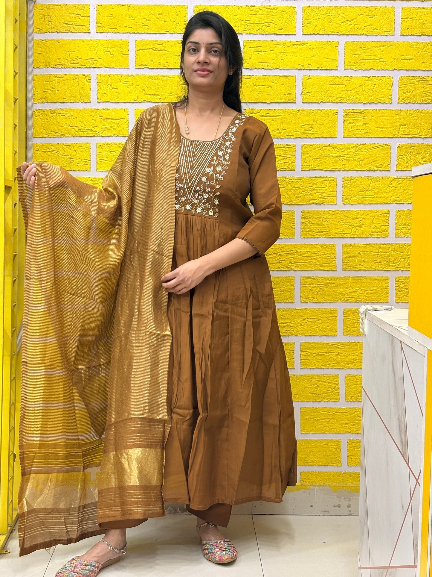 Brown Embroidered Mul Chanderi Kurti Set with Zari Dupatta AAKS0UO6