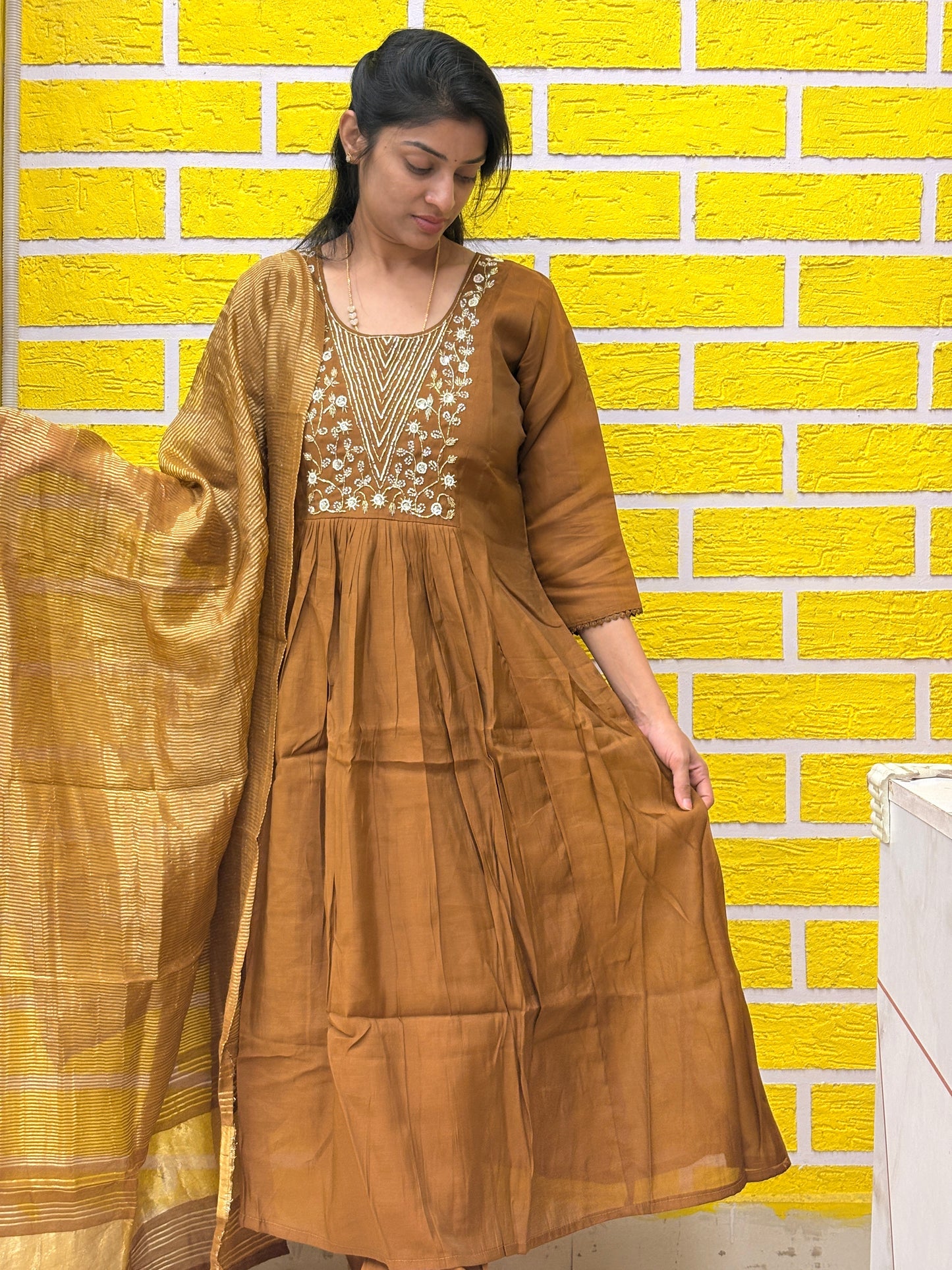 Brown Embroidered Mul Chanderi Kurti Set with Zari Dupatta AAKS0UO6