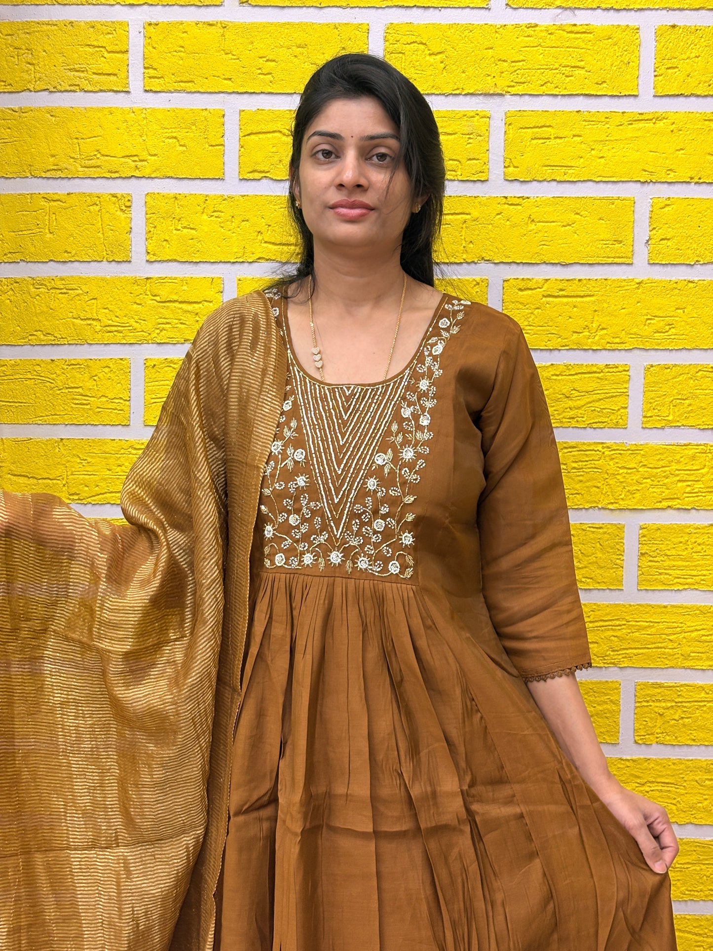 Brown Embroidered Mul Chanderi Kurti Set with Zari Dupatta AAKS0UO6