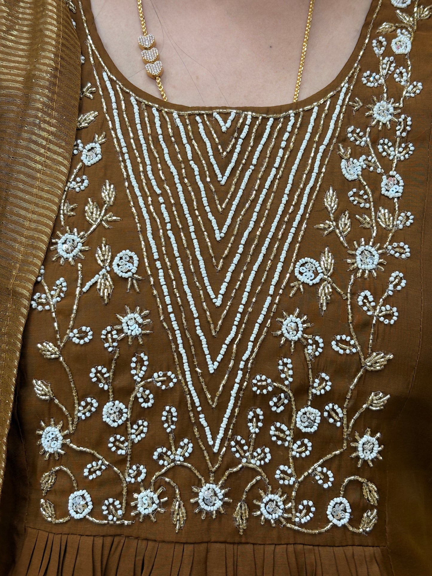 Brown Embroidered Mul Chanderi Kurti Set with Zari Dupatta AAKS0UO6