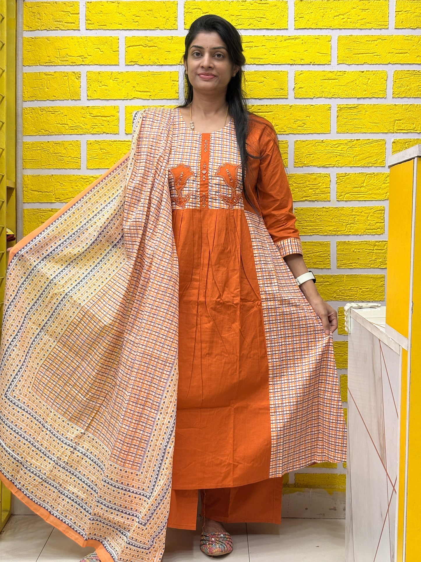 Rust Orange Cotton Kurti Set with Applique Work & Printed Dupatta AAKS50870