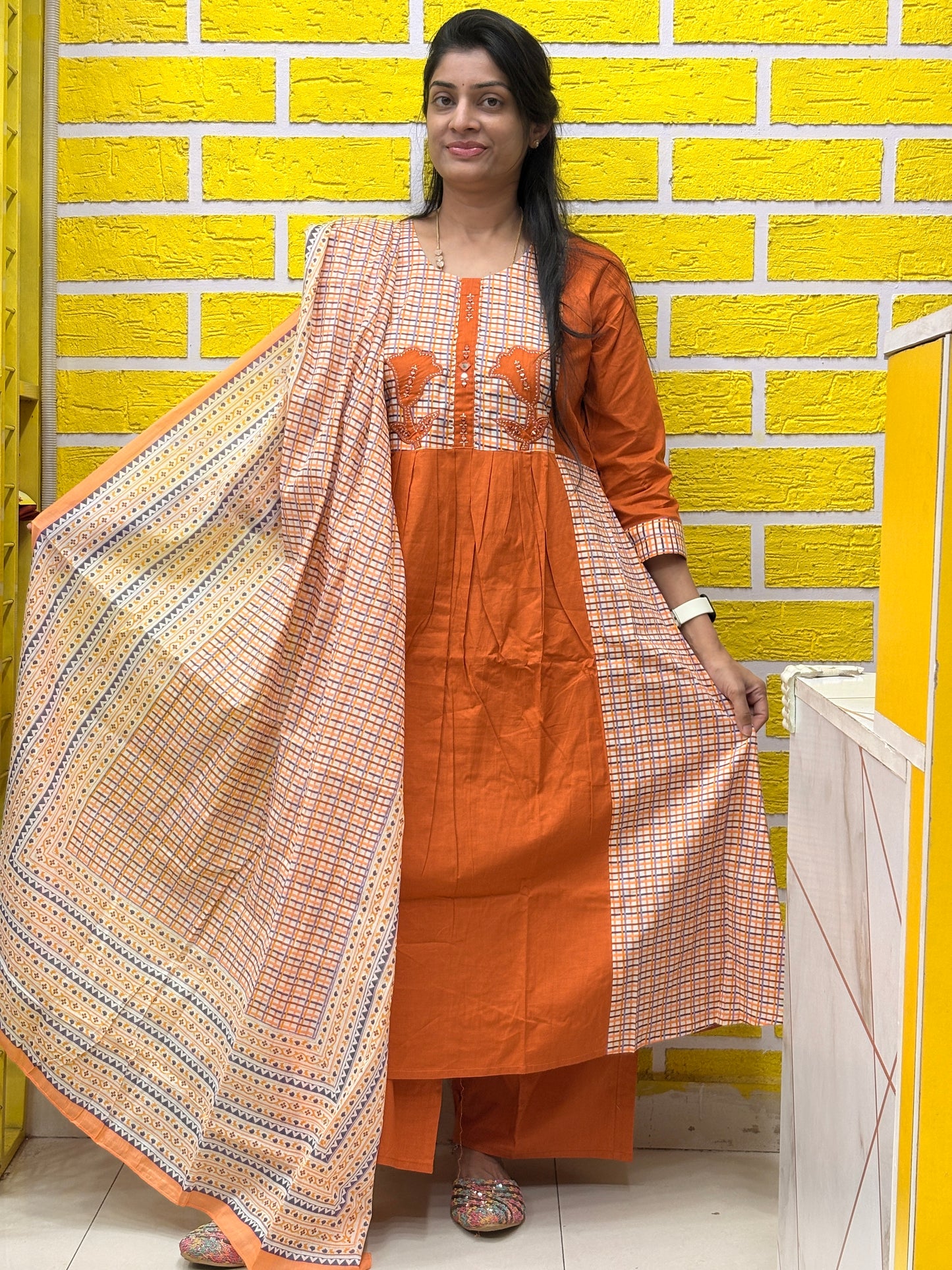 Rust Orange Cotton Kurti Set with Applique Work & Printed Dupatta AAKS50870