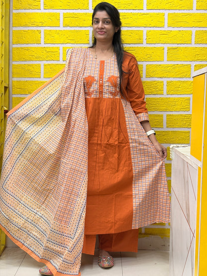 Rust Orange Cotton Kurti Set with Applique Work & Printed Dupatta AAKS50870