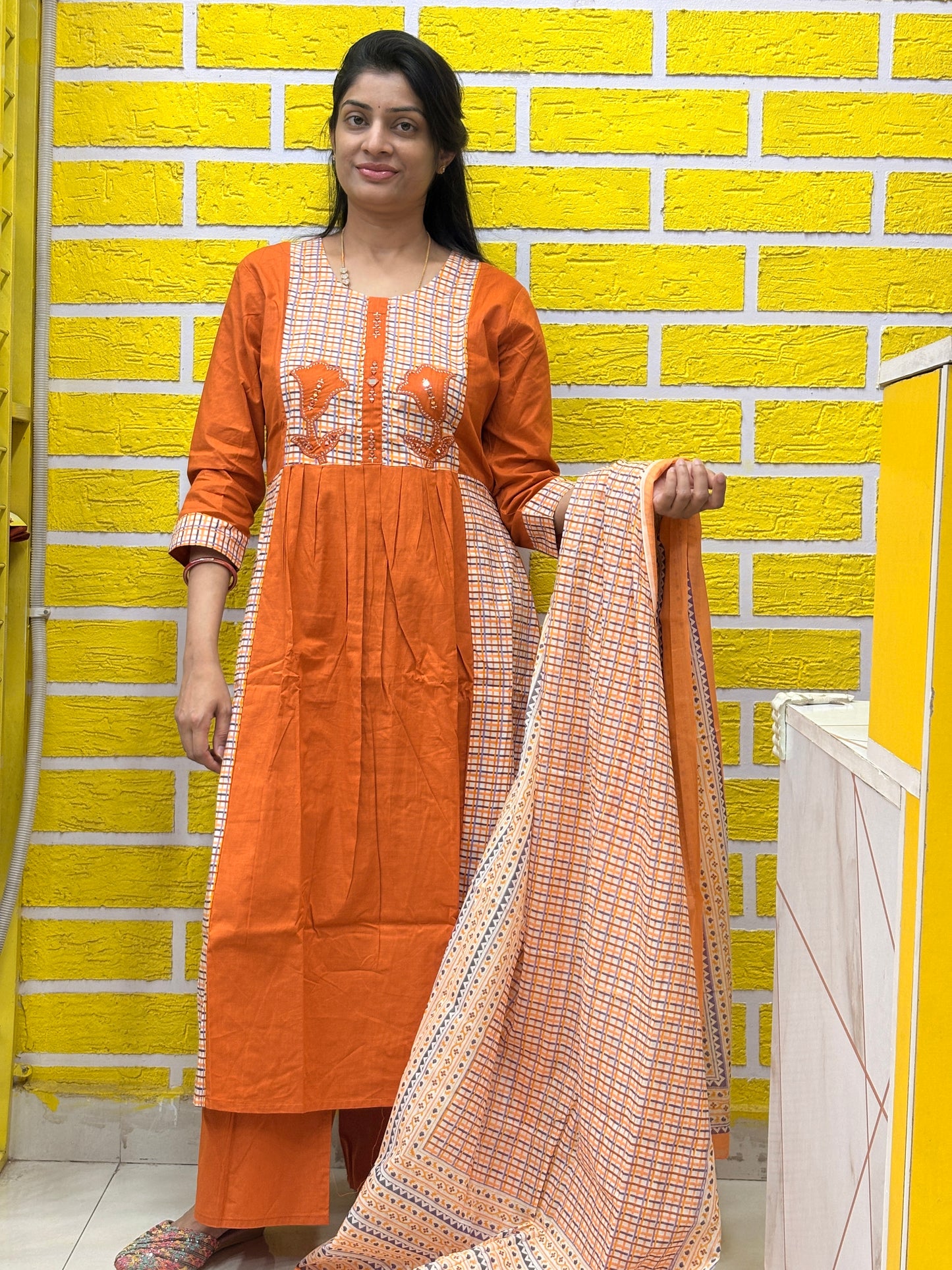 Rust Orange Cotton Kurti Set with Applique Work & Printed Dupatta AAKS50870