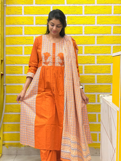 Rust Orange Cotton Kurti Set with Applique Work & Printed Dupatta AAKS50870