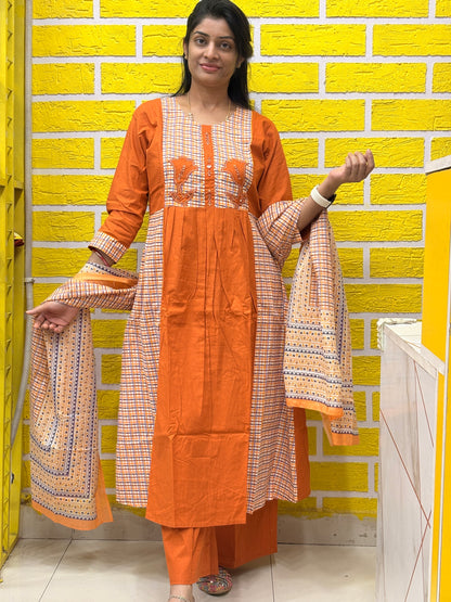 Rust Orange Cotton Kurti Set with Applique Work & Printed Dupatta AAKS50870