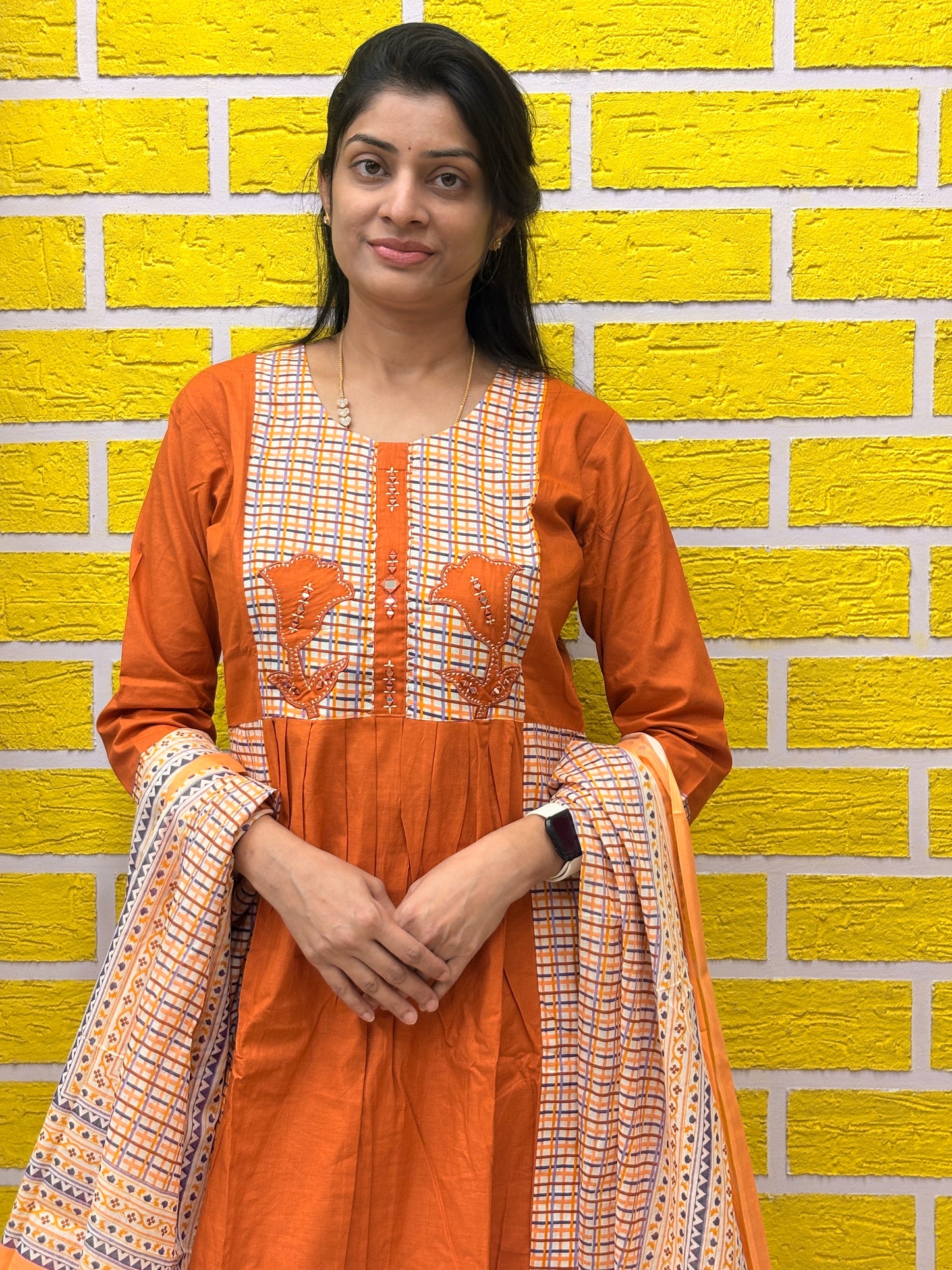 Rust Orange Cotton Kurti Set with Applique Work & Printed Dupatta AAKS50870