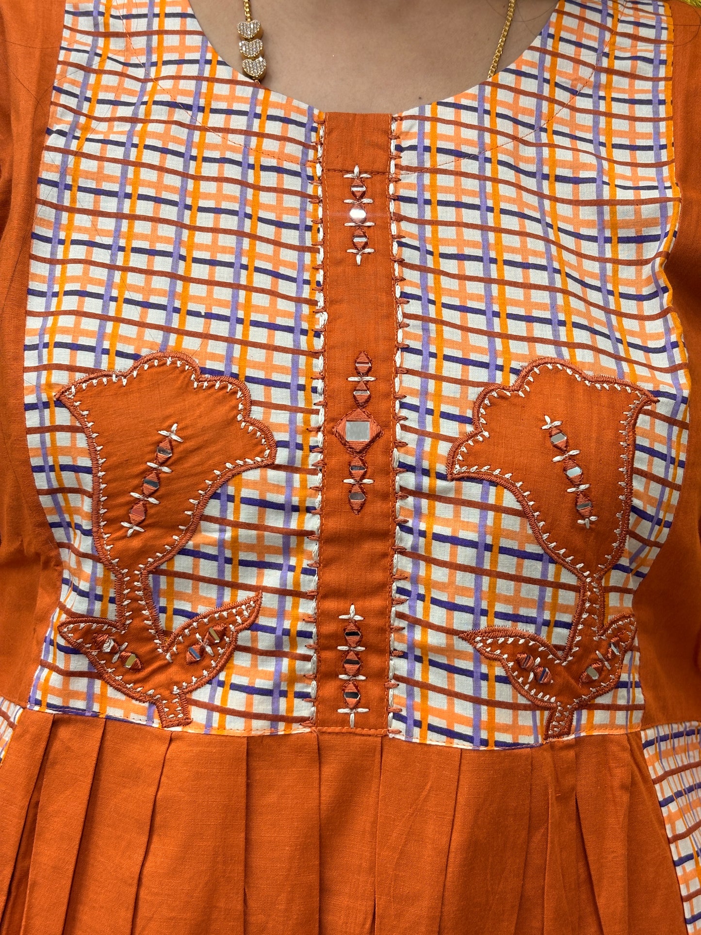 Rust Orange Cotton Kurti Set with Applique Work & Printed Dupatta AAKS50870
