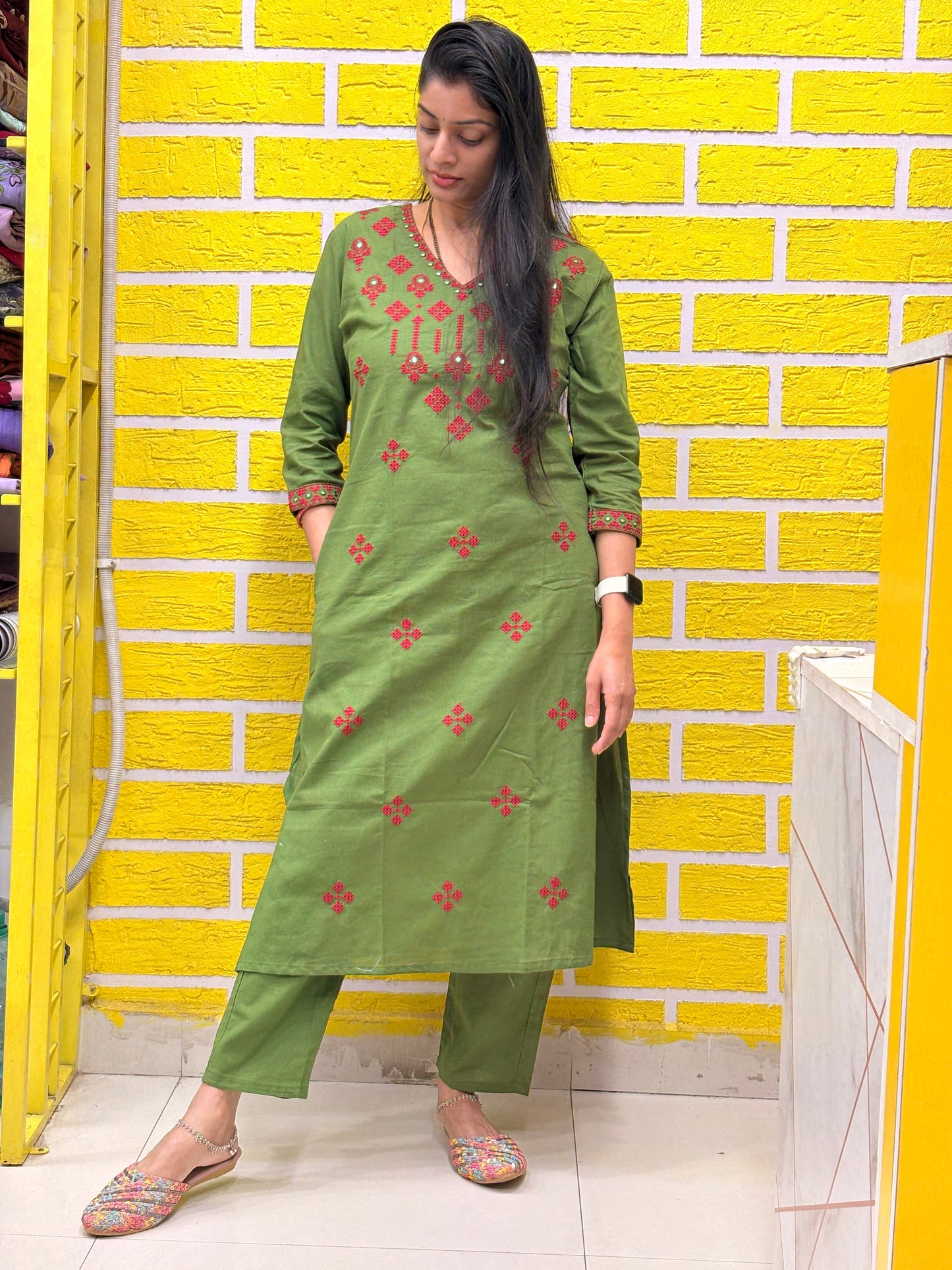 Olive Green Cotton Embroidered Co-ord Set (2-PC Set) AACS50575