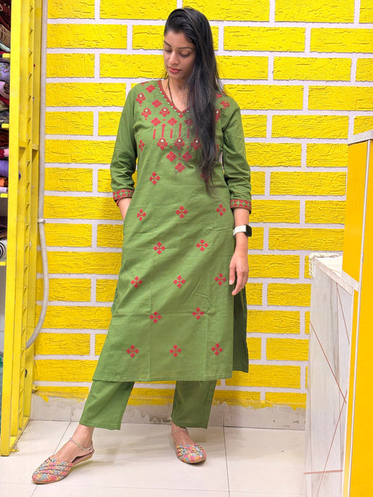 Olive Green Cotton Embroidered Co-ord Set (2-PC Set) AACS50575
