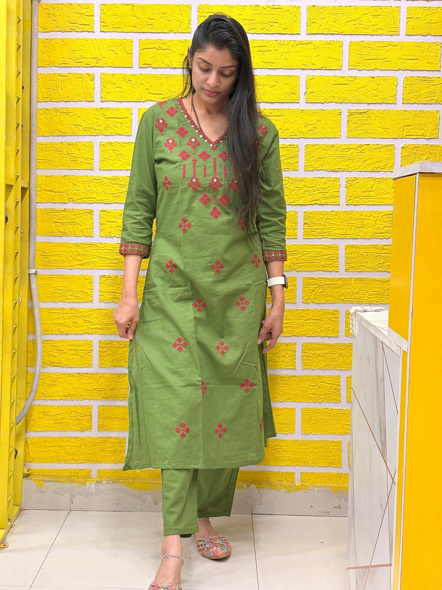 Olive Green Cotton Embroidered Co-ord Set (2-PC Set) AACS50575