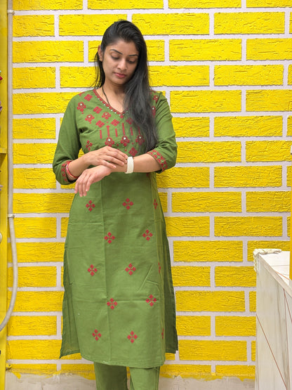 Olive Green Cotton Embroidered Co-ord Set (2-PC Set) AACS50575